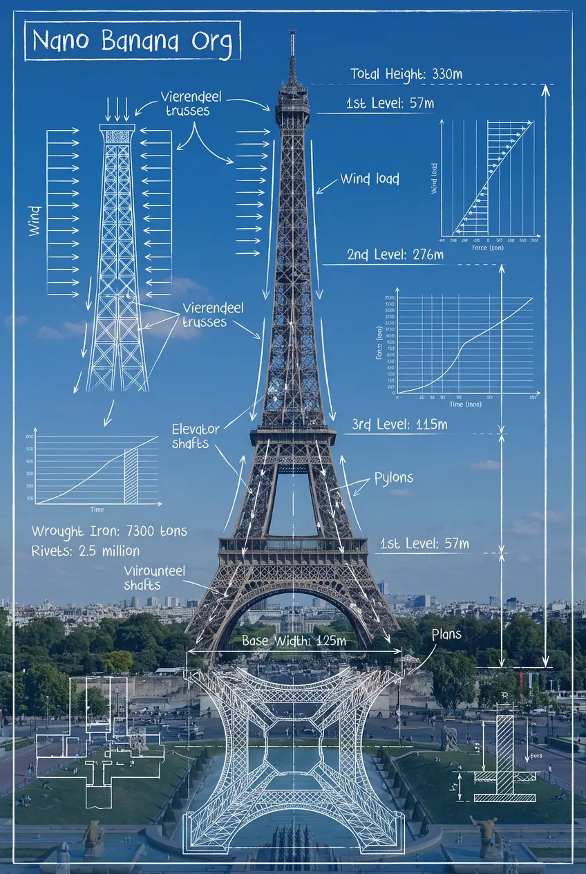 Инфографика об устройстве Эйфелевой башни поверх фотографии Парижа