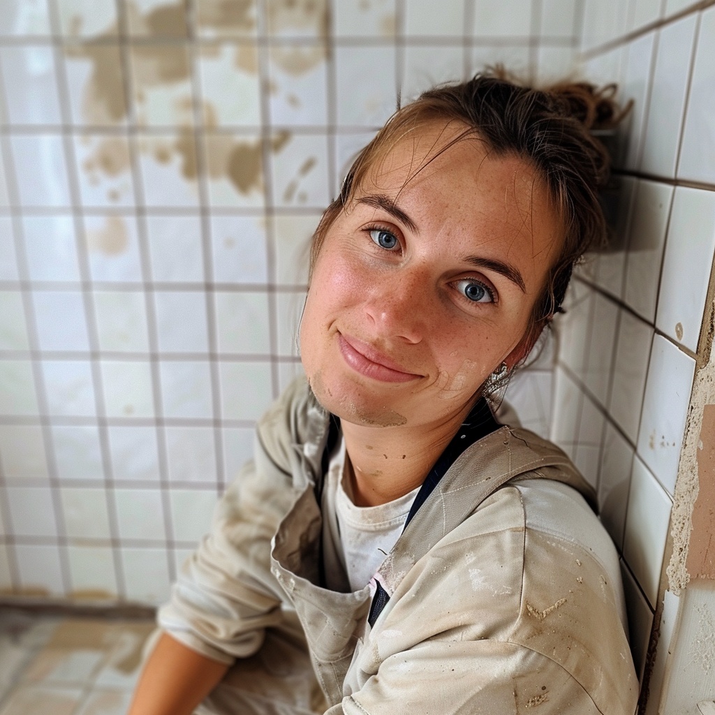 Женщина 30 лет, в рабочей одежде, укладывает плитку, в ванной комнате