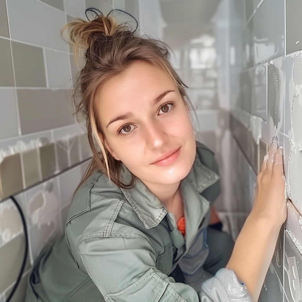 Женщина 30 лет, в рабочей одежде, укладывает плитку, в ванной комнате