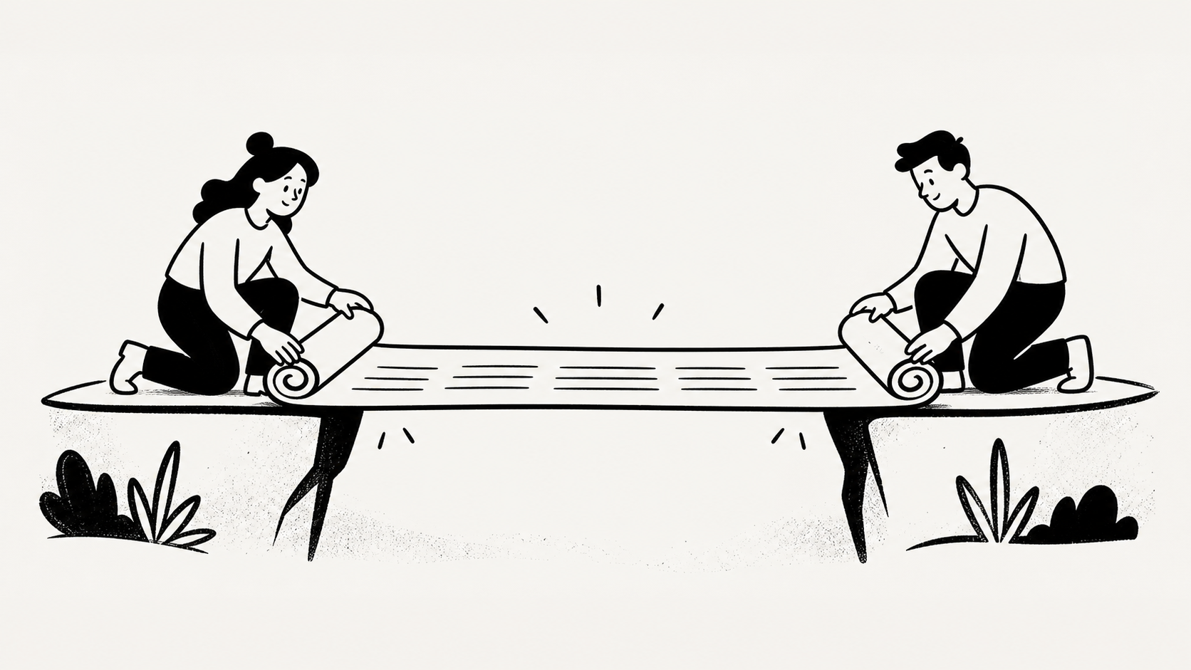 Two people unroll a document together to form a reliable bridge